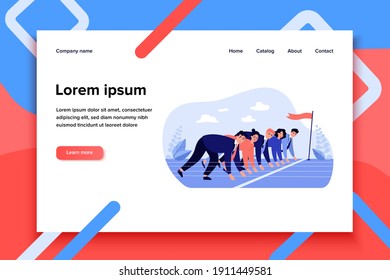 Office employees at start line of racing track. Business professionals ready to run sprint. Vector illustration for career competition, office competitors, rivalry concept