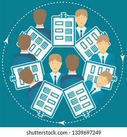 Office employees surrounded by business folders, symbolizing the workflow. Flat icon, sign, symbol, emblem. Vector illustration