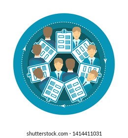 Office employees surrounded by business folders, symbolizing the workflow. Round flat icon, sign, symbol, emblem. Vector illustration