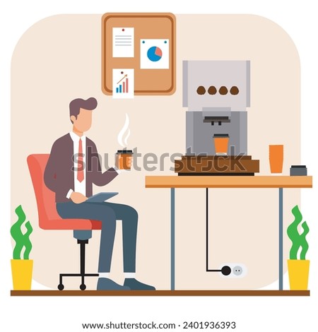 Office employees are taking a break during a coffee break, while sitting and monitoring the tablet, there is a coffee machine and an office atmosphere in the background