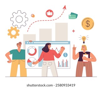 Office employees work. Cartoon business people activity, successful teamwork process, charting and making profit, vector illustration