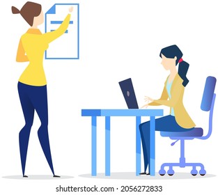 Office employees work with computer, technology. Woman hangs poster of computer desktop document. Work in office, coworking, collaboration with colleagues concept. Workers doing tasks at workplace