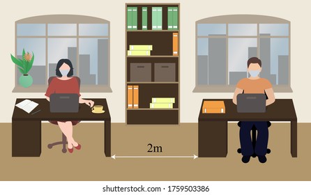 Office employees work in masks in the office and maintain a social distance of 2 meters. COVID-19 outbreak prevention. Vector illustration for design.