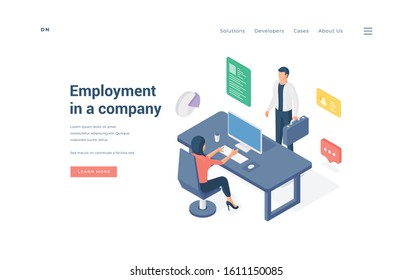 Office employees working in company isometric vector illustration. Man with briefcase standing and woman sitting at desk and browsing data on computer representing employment in company website banner