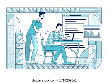 Office employees working on analytics project flat silhouette vector illustration. Boss training new worker outline characters on white background. Coworkers brainstorming simple style drawing
