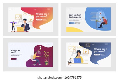 Office employees working on project set. Freelancer, blogger, student using laptops. Flat vector illustrations. Workplace, communication concept for banner, website design or landing web page