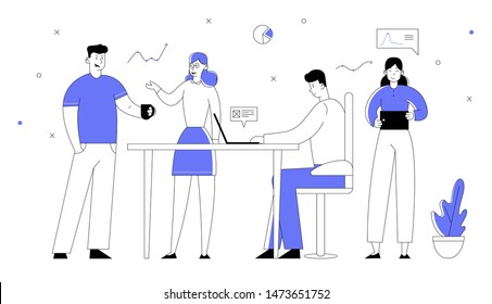 Office Employees Working Process. Businessmen and Businesswomen Managers Team Developing Creative Project. Business People Characters Teamworking Group Cartoon Flat Vector Illustration, Line Art Style