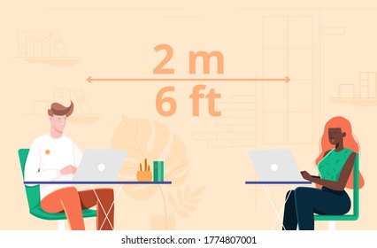 Office employees working safely during COVID-19; Work tables set up to maintain distance 2 meters to prevent the coronavirus from spreading. 