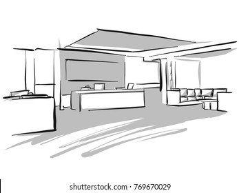 Office entry area design sketch, Concept Illustration, Hand drawn vector image.