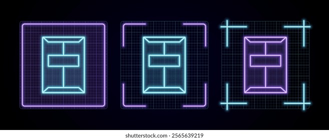 Office envelope icon illustration, cyber neon visual, glowing border grid vector.