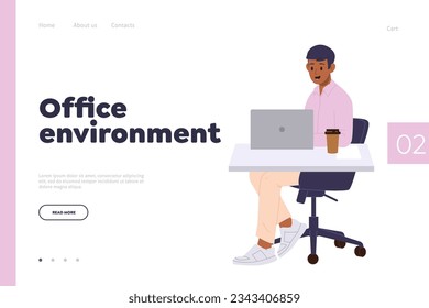 Office environment landing page template, website design for online sustainable creative workplace
