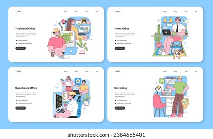 Office Environments set. Professionals navigate diverse work settings. Traditional desks, cozy home corners, collaborative open spaces, bustling coworking hubs. Flat vector illustration