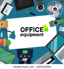 Office equipment banner, poster vector illustration. Gadgets and tools for office work. Desktop computer, laptop, tablet, printer, coffee machine, lamp, projector, scanner, fan, web cam.