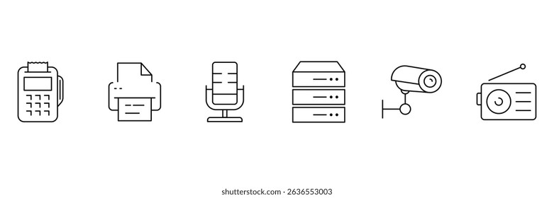 Office equipment and communication device line icon collection including printer microphone CCTV server radio vector illustration isolated outline style.