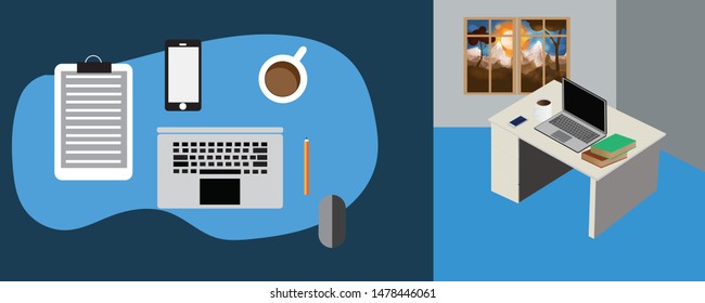 Office equipment, computers, internet on the desk. Background abstract art vector.