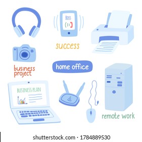 Office equipment, the concept of remote work, office. Vector illustration in a cute, hand-drawn style.