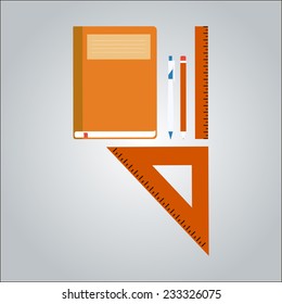 office equipment copybook, pen, pencil, ruler, isolated vector illustration