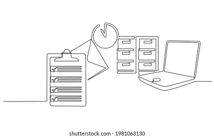 Office Equipment For Document Circulation Envelope, Storage, Notebook, Time Clock. Continuous One Line Drawing. Vector Illustration