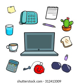 office equipment doodle colorful style vector