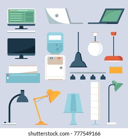 Office equipment and electronics set. Laptops, lighting, water machine and other business workplace elements and icons in flat design.