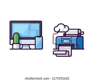 Office equipment filled outline icons