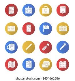 Office equipment flat design long shadow glyph icons set. Business tools vector silhouette illustrations. Company worker, businessman accessories. Stationery items pack. Notebook, employee badge