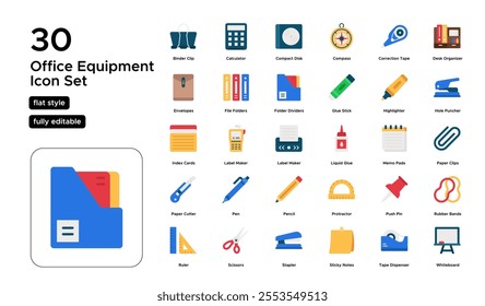 Office Equipment Flat Icon Set: Desks, Chairs, Printers, and Technology Solutions Icons