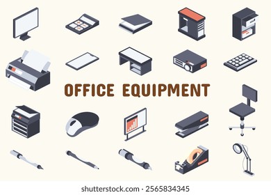 Office Equipment Flat Vector Illustration Icon Sticker Set Design Materials