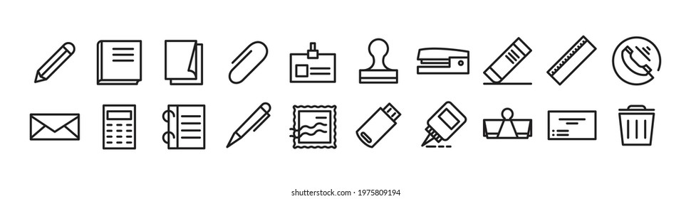 Office equipment icon collection. Outline minimal signs for business office. Editable Strokes.