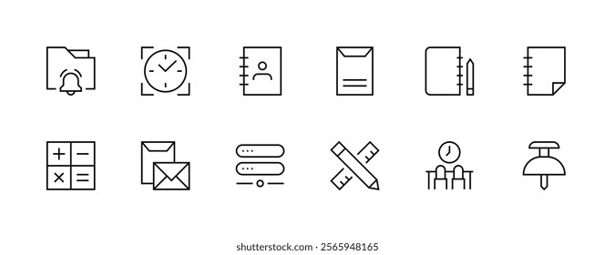 Office equipment icon collection. Workplace, equipment, devices, office tools, stationery, documents and more. Editable stroke. Pixel Perfect. Grid base 32px.