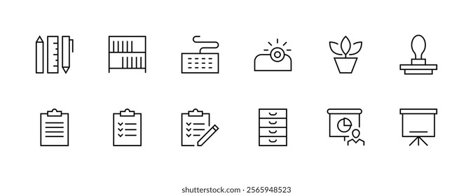 Office equipment icon collection. Workplace, equipment, devices, office tools, stationery, documents and more. Editable stroke. Pixel Perfect. Grid base 32px.