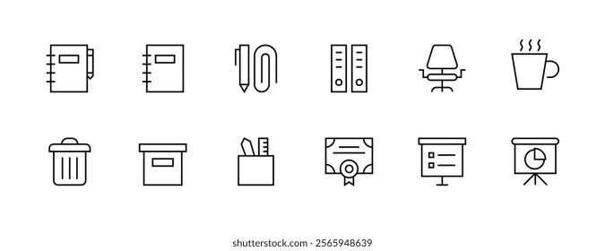 Office equipment icon collection. Workplace, equipment, devices, office tools, stationery, documents and more. Editable stroke. Pixel Perfect. Grid base 32px.