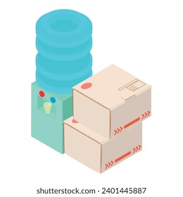 Office equipment icon isometric vector. Water cooler and two closed parcel box. Watercooler, equipment delivery