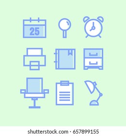 office equipment icons blue and white on green background