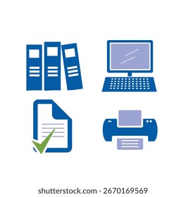 Iconos de equipos de oficina: Ilustración vectorial de computadoras, impresoras, documentos y archivos
