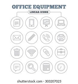 Office equipment icons. Computer, printer and smartphone. Wi-fi, chat speech bubble and copy documents. Presentation board, paperclip with pencil and magnifying glass. Circle buttons on white. Vector