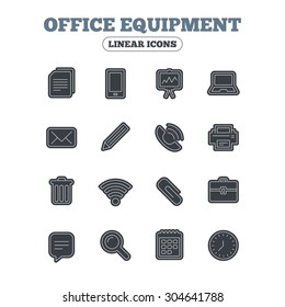 Office equipment icons. Computer, printer and smartphone. Wi-fi, chat speech bubble and copy documents. Presentation board, paperclip with pencil and magnifying glass. Line icon with black border.