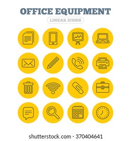 Office equipment icons. Computer, printer and smartphone. Wi-fi, chat speech bubble and copy documents. Presentation board, paperclip with pencil and magnifying glass. Linear icons on yellow buttons.