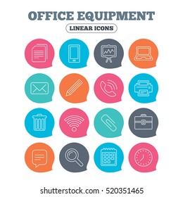 Office equipment icons. Computer, printer and smartphone. Wi-fi, chat speech bubble and copy documents. Presentation board, paperclip with pencil and magnifying glass. Vector