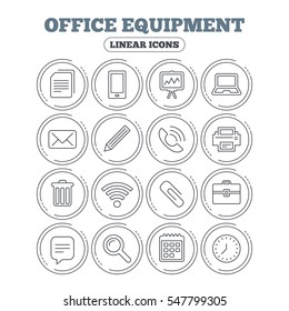 Office equipment icons. Computer, printer and smartphone. Wi-fi, chat speech bubble and copy documents. Presentation board, paperclip with pencil and magnifying glass. Vector