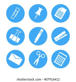 Office Equipment Icons Set. Vector Flat Icons on blue background. 