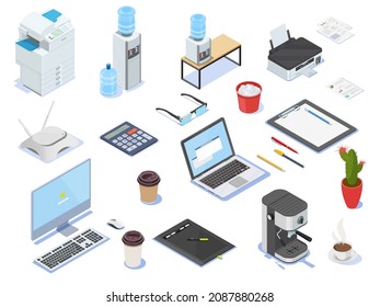 Office equipment isometric set. Desktop, Laptop, computer, copier printer, coffee maker water cooler, etc.  Interior isometric elements. Stationery.