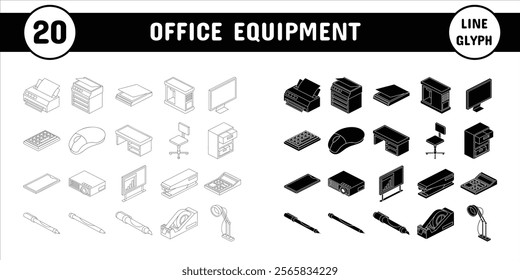 Office Equipment Line Glyph Vector Illustration Icon Sticker Set Design Materials