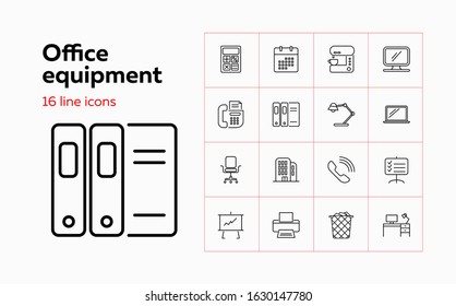 Office equipment line icon set. Calculator, monitor, computer. Work tools concept. Can be used for topics like stationery, facilities, workplace