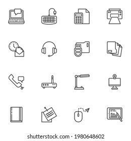 Conjunto de iconos de línea de equipo de oficina, colección de símbolos de vector de contorno, paquete de pictogramas de estilo lineal. Señales, ilustración del logotipo. El conjunto incluye iconos como impresora, teclado del equipo, carpeta de documentos, enrutador wifi