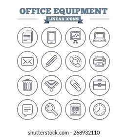 Office equipment linear icons set. Computer, printer and smartphone. Wi-fi, chat speech bubble and copy documents. Presentation board, paperclip with pencil and magnifying glass. Thin outline signs.