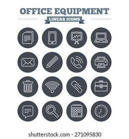 Office equipment linear icons set. Computer, printer and smartphone. Wi-fi, chat speech bubble and copy documents. Presentation board, paperclip with pencil and magnifying glass. Thin outline signs.