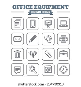 Office equipment linear icons set. Computer, printer and smartphone. Wi-fi, chat speech bubble and copy documents. Presentation board, paperclip with pencil and magnifying glass. Thin outline signs.