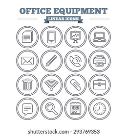 Office equipment linear icons set. Computer, printer and smartphone. Wi-fi, chat speech bubble and copy documents. Presentation board, paperclip with pencil and magnifying glass. Thin outline signs.