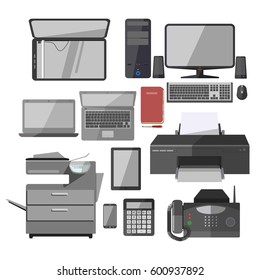 Office equipment and manager work devices. Vector isolated flat icons of printer, computer monitor and wireless accessories, digital smart appliances and stationery
